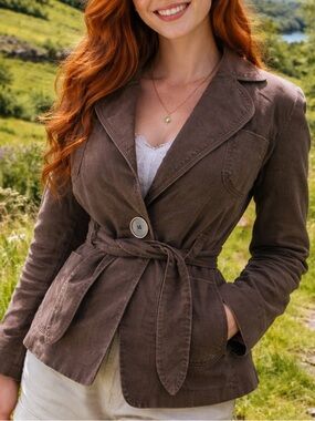 Next Tie Waist Blazer Jacket UK6 US2 Brown Lightweight European Chic Wrap Style